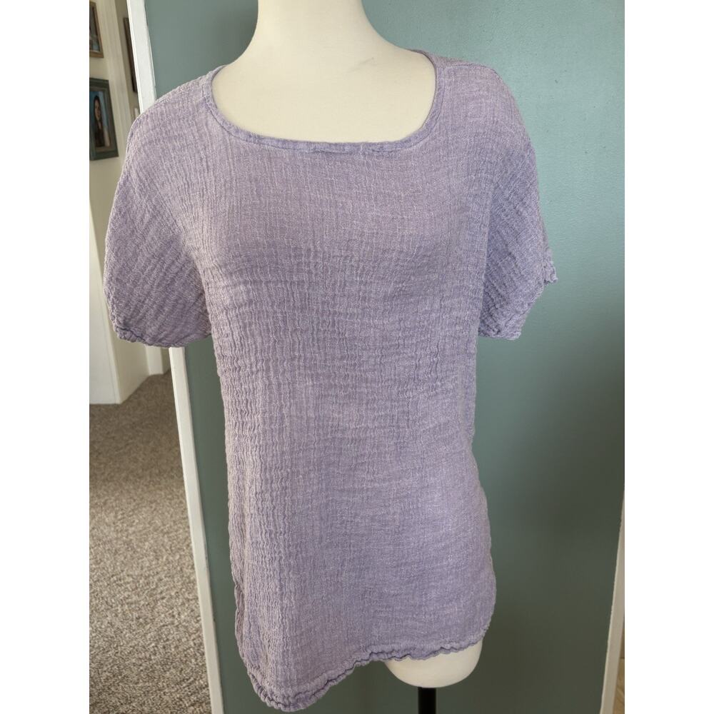 EILEEN FISHER Women’s Scoop Neck Short Sleeve Solid Purple Linen Tunic L - Picture 2 of 5